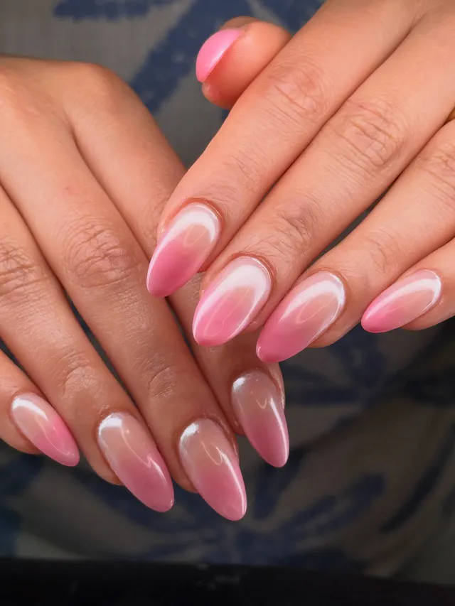 Pink-and-nude French ombré almond nails